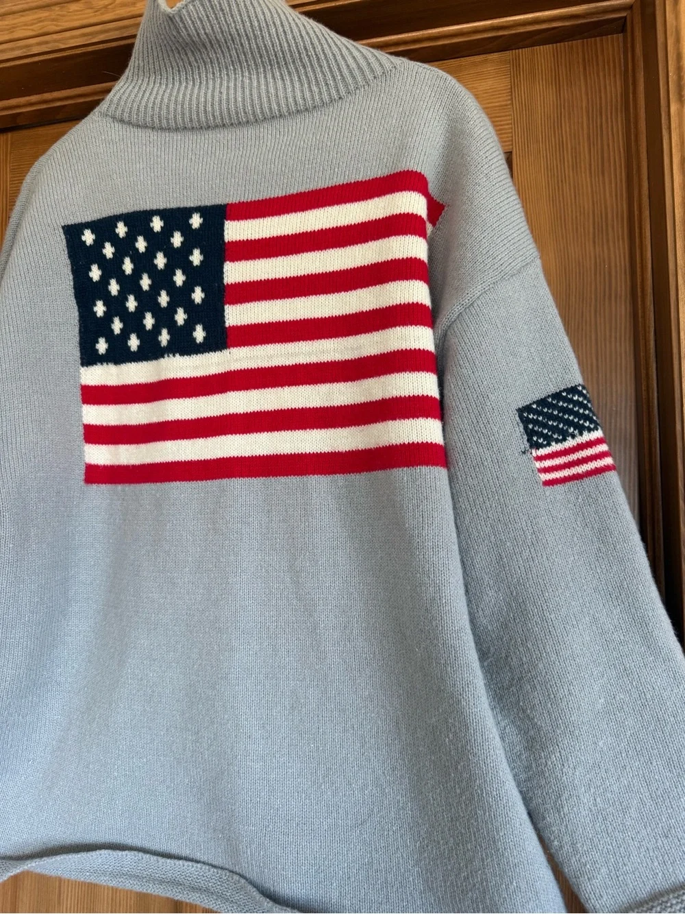 Light Blue Turtleneck Sweater with American Flag Motif - Picture 2 of 2